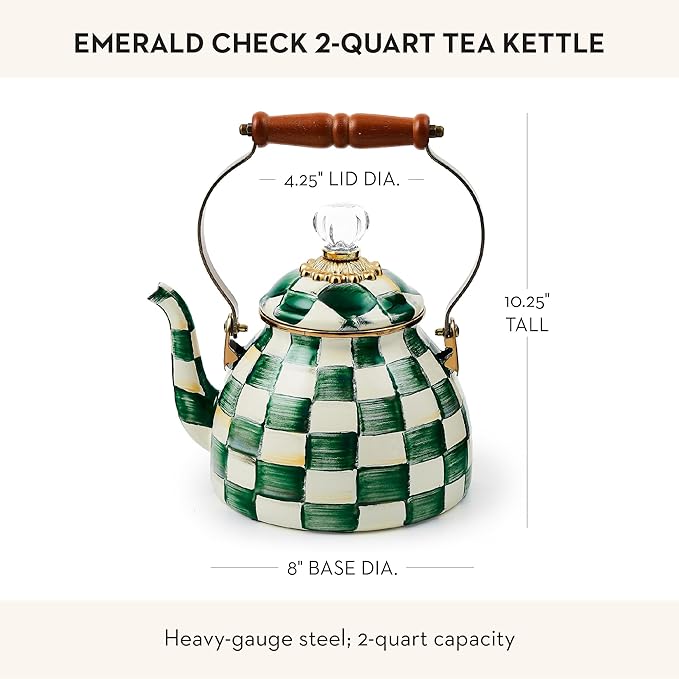 Enamel Tea Kettle, Stylish Tea Kettle for Stovetop, Green-and-White Emerald Check, 2 Quarts