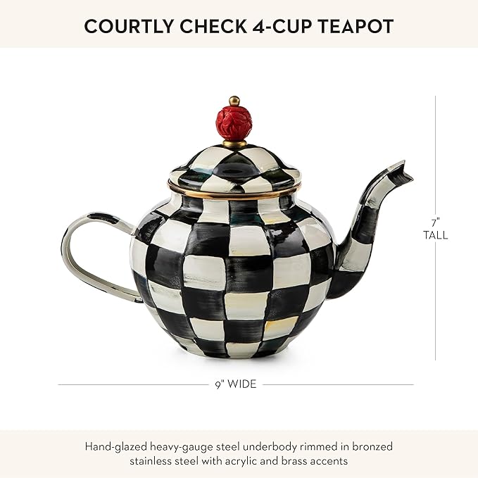 Enamel Teapot, Cute Small Teapot with Lid, 4-Cup Capacity, Black-and-White Courtly Check