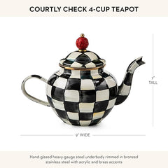 Enamel Teapot, Cute Small Teapot with Lid, 4-Cup Capacity, Black-and-White Courtly Check