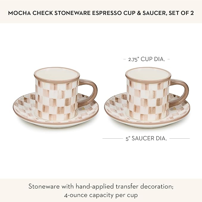 Set of 2 Stoneware Espresso Cup and Saucer, Cute Coffee Cups, Brown-and-White Mocha Check