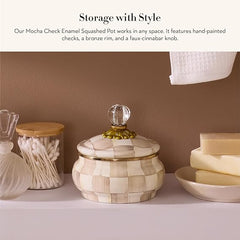 Enamel Squashed Pot, Cute Enameled Container with Lid, 20 Ounces, Brown-and-White Mocha Check