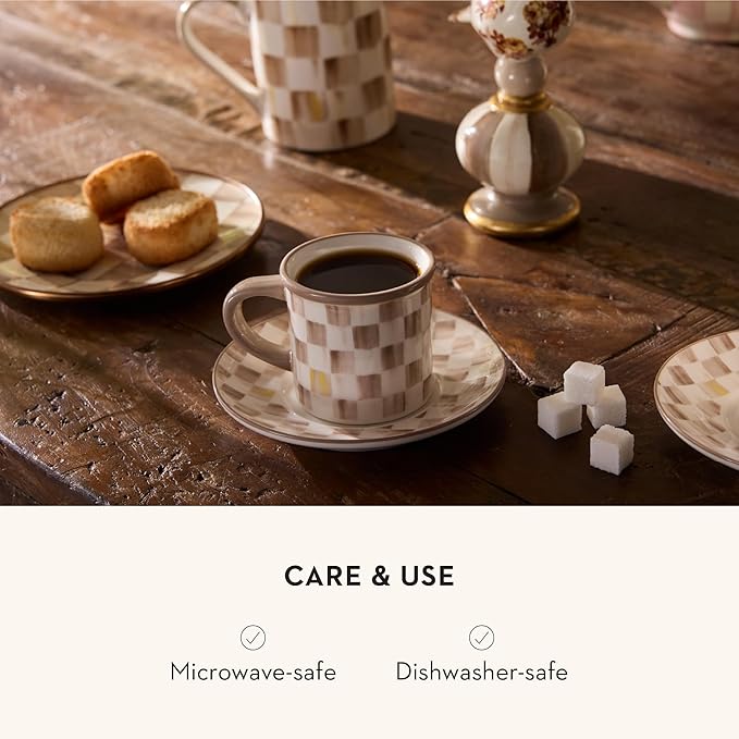 Set of 2 Stoneware Espresso Cup and Saucer, Cute Coffee Cups, Brown-and-White Mocha Check