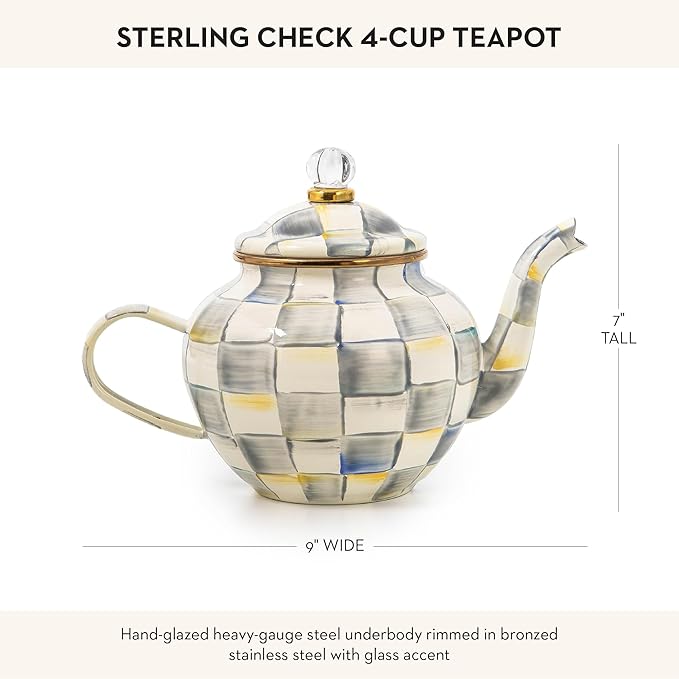4-Cup Enamel Teapot, Cute Small Teapot with Lid, Gray-and-White Sterling Check