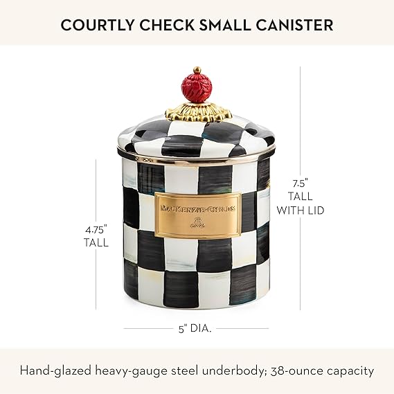 Small Enamel Canister, Kitchen Storage Container for Flour and Sugar, 1.13 Liters, Black-and-White Courtly Check