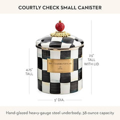 Small Enamel Canister, Kitchen Storage Container for Flour and Sugar, 1.13 Liters, Black-and-White Courtly Check