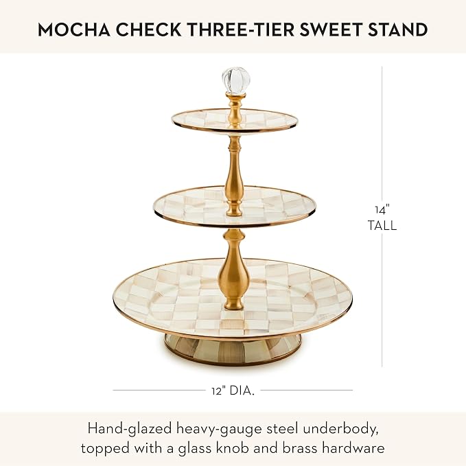 Three-Tier Sweet Stand, Tiered Serving-Tray Stand, Brown-and-White Mocha Check