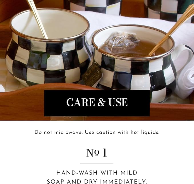 Enamel Tea Party Set, Unique Teapot and Teacups, Tea Accessories Set, Black-and-White Courtly Check