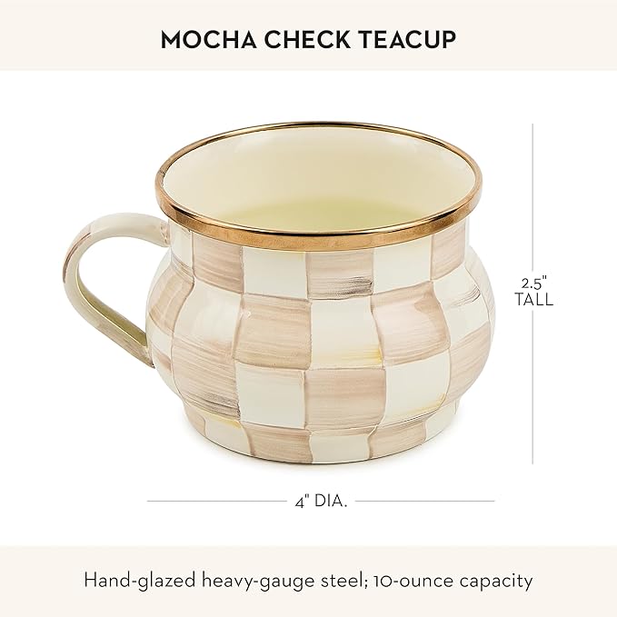 Enamel Teacup, Unique Coffee and Tea Mug, Enamel Cup for Hot Tea, 10 Ounces, Brown-and-White Mocha Check