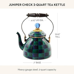 Enamel Tea Kettle, Cute Tea Kettle for Stovetop, 2 Quarts, Dark Green-and-Blue Juniper Check
