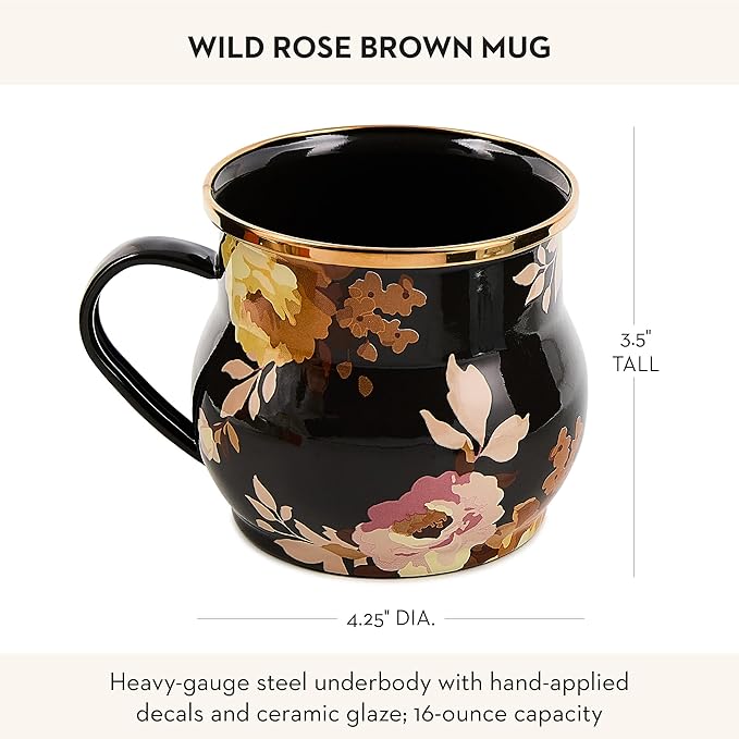 namel Mug, Cute Enamelware Tea or Coffee Mug, Wild Rose Brown
