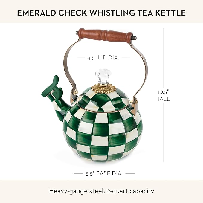 Enamel Whistling Tea Kettle, Decorative Teapot for Stovetop, Green-and-White Courtly Check
