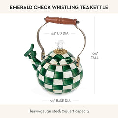 Enamel Whistling Tea Kettle, Decorative Teapot for Stovetop, Green-and-White Courtly Check