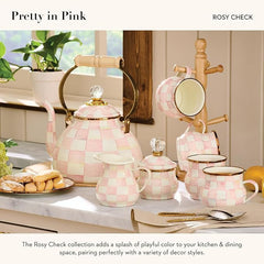 Enamel Creamer and Sugar-Bowl Set, Cream Dispenser and Sugar Holder, Unique Kitchen Decor, Pink-and-White Rosy Check