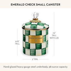 Small Enamel Canister, Kitchen Storage Container with Lid, Green-and-White Emerald Check