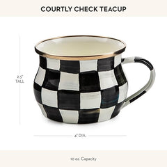Enamel Teacup, Unique Coffee and Tea Mug, Enamel Cup for Hot Tea, 10 Ounces, Black-and-White Courtly Check