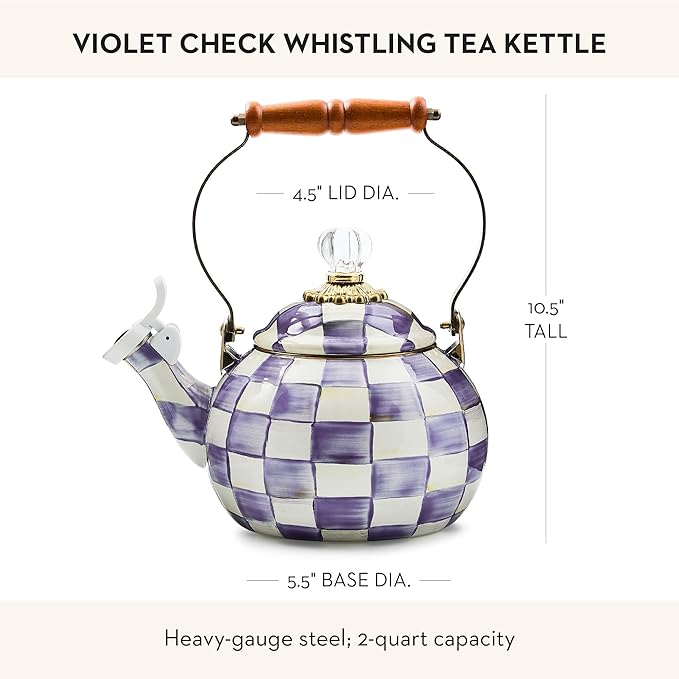 Enamel Whistling Tea Kettle, Decorative Teapot, 2 Quarts, Purple-and-White Violet Check