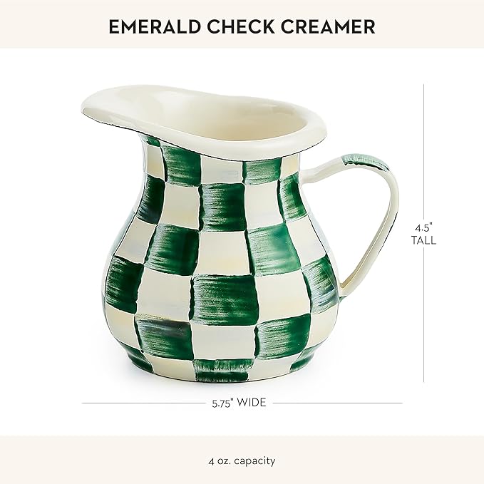 Enamel Creamer, Creamer Dispenser with Pour Spout, 14-Ounce Capacity, Green-and-White Emerald Check