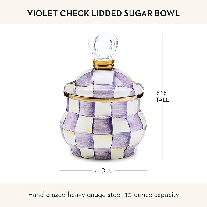 Enamel Lidded Sugar Bowl, Small Serving Bowl with Lid, 10-Ounce Capacity, Purple-and-White Violet Check