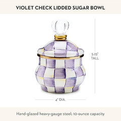 Enamel Lidded Sugar Bowl, Small Serving Bowl with Lid, 10-Ounce Capacity, Purple-and-White Violet Check