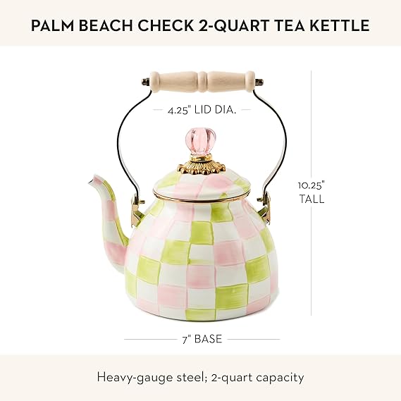 Enamel Tea Kettle, Cute Tea Kettle for Stovetop, 2 Quarts, Pastel Pink-and-Green Palm Beach Check