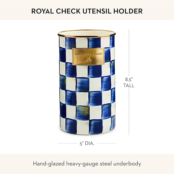 Enamel Utensil Holder, Kitchen Utensil Holder for Countertop, Storage Caddy, Blue-and-White Royal Check