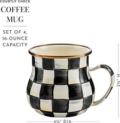 Enamel Mug, Cute Enamelware Coffee and Tea Mug, Unique Drinkware, 16 Ounces, Black-and-White Courtly Check, Set of 4