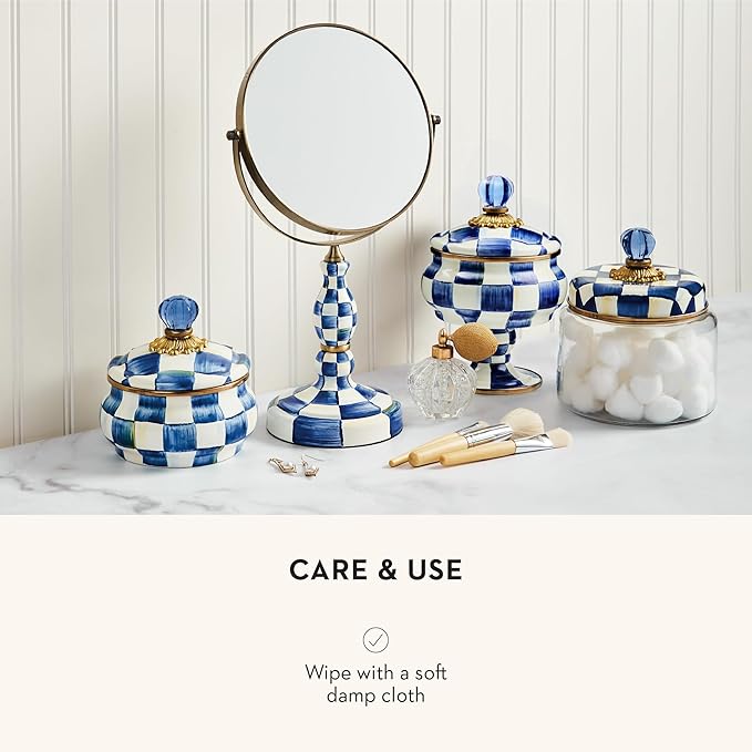 Enamel Curiosity Pot, Decorative Container for Home Decor, Blue-and-White Royal Check