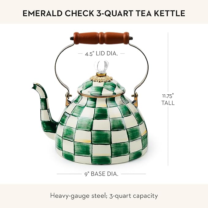 Enamel Tea Kettle, Stylish Tea Kettle for Stovetop, Green-and-White Emerald Check, 3 Quarts