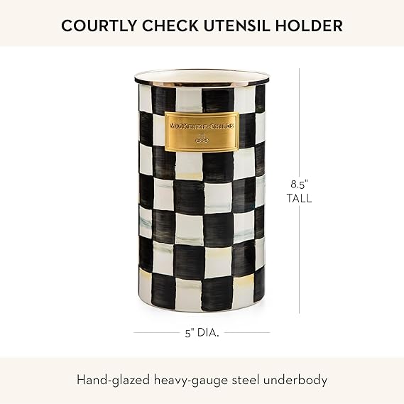Enamel Utensil Holder, Kitchen Utensil Holder for Countertop, Storage Caddy, Black-and-White Courtly Check