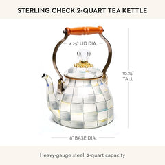 Enamel Tea Kettle, Stylish Tea Kettle for Stovetop, Grey-and-White Sterling Check, 2 Quarts