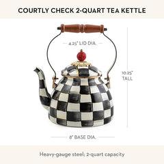Enamel Tea Kettle, Stylish Tea Kettle for Stovetop, Black-and-White Courtly Check, 2 Quarts