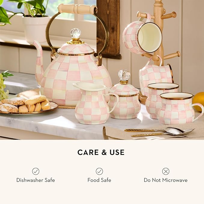 Enamel Creamer, Creamer Dispenser with Pour Spout, Kitchen Enamelware, Pink-and-White Rosy Check