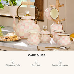 Enamel Creamer, Creamer Dispenser with Pour Spout, Kitchen Enamelware, Pink-and-White Rosy Check