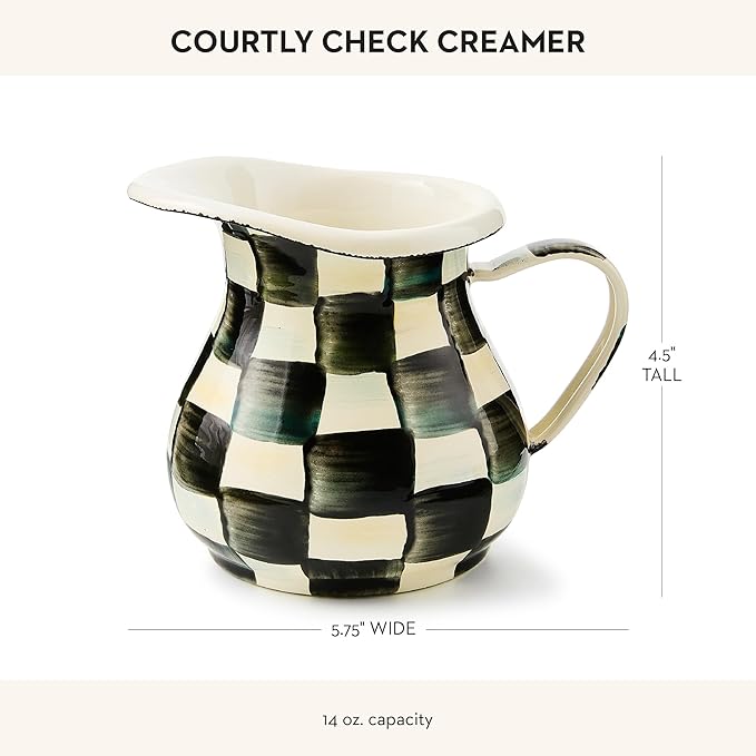 Enamel Creamer, Creamer Dispenser with Pour Spout, Kitchen Enamelware, 14-Ounce Capacity, Black-and-White Courtly Check