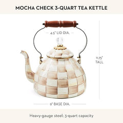 Enamel Tea Kettle, Stylish Tea Kettle for Stovetop, Brown-and-White Mocha Check, 3 Quarts
