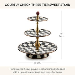 Enamel Three-Tier Sweet Stand, Three-Tiered Serving-Tray Stand, Party Food Display, Black-and-White Courtly Check