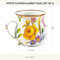 Enamel Mug, Cute Enamelware Coffee and Tea Mug, Unique Drinkware, 16 Ounces, White Flower Market, Set of 4