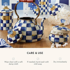 Enamel Squashed Pot, Cute Enameled Container with Lid, 20 Ounces, Blue-and-White Royal Check