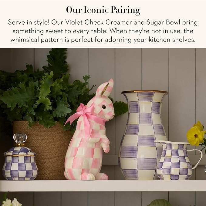 Enamel Creamer and Sugar Bowl Set, Cream Dispenser with Pour Spout and Sugar Holder, Unique Kitchen Decor, Purple-and-White Violet Check