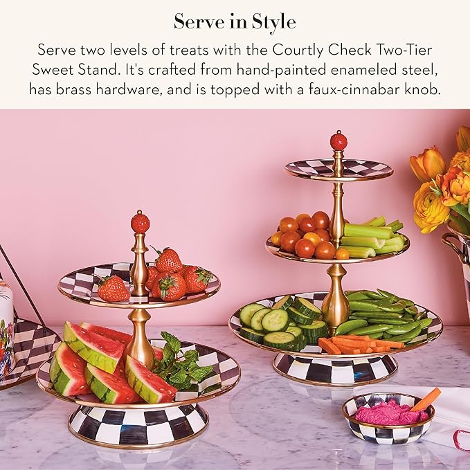 Enamel Two-Tier Sweet Stand, Two-Tiered Serving Tray for Dessert, Black-and-White Courtly Check