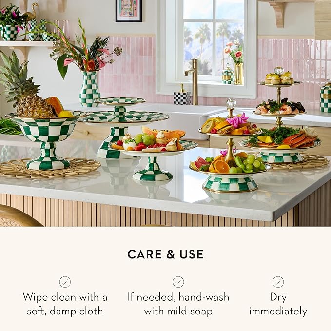 Enamel Two-Tier Sweet Stand, Two-Tiered Serving Tray for Dessert, Green-and-White Emerald Check