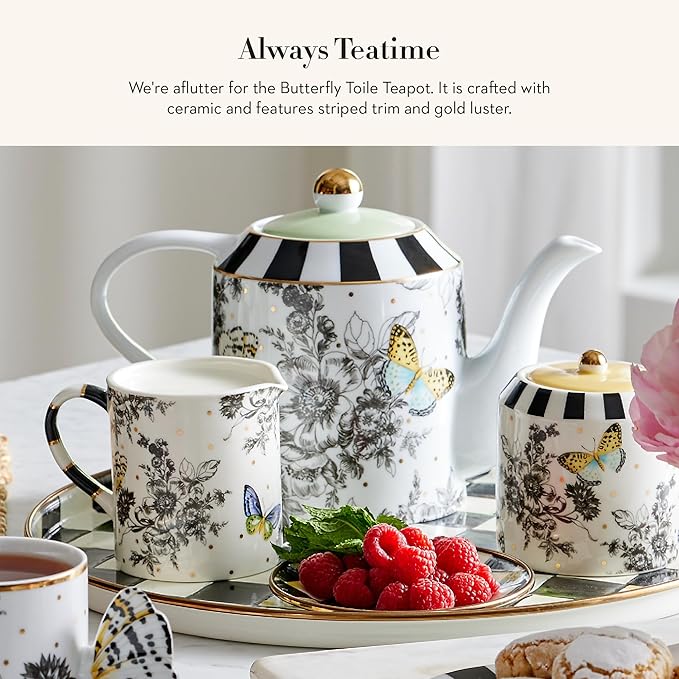 Ceramic Teapot, Cute Teapot with Lid, 50-Ounce Capacity, Butterfly Toile