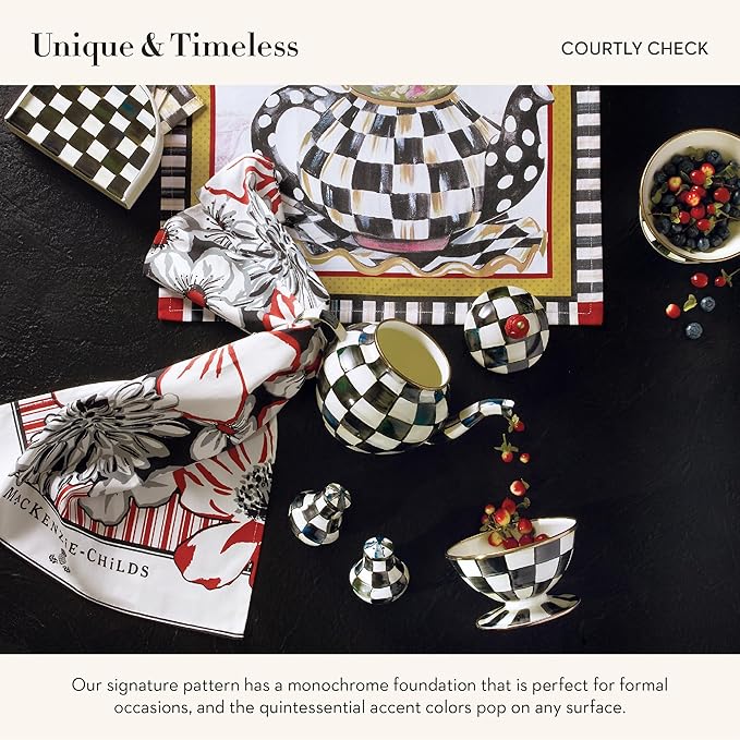 Enamel Teapot, Cute Small Teapot with Lid, 4-Cup Capacity, Black-and-White Courtly Check