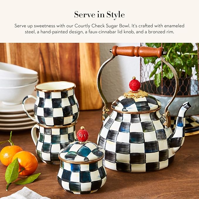 Enamel Lidded Sugar Bowl, Small Serving Bowl with Lid, 10-Ounce Capacity, Black-and-White Courtly Check