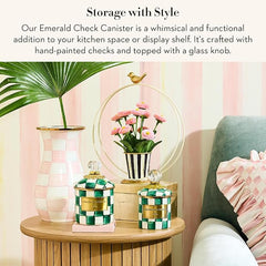 Demi Enamel Canister, Kitchen Storage Container with Lid, Green-and-White Emerald Check