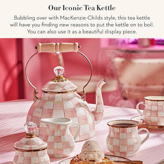 Enamel Tea Kettle, Stylish Tea Kettle for Stovetop, Pink-and-White Rosy Check, 3 Quarts