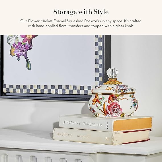 Enamel Squashed Pot, Cute Enameled Container with Lid, 20 Ounces, White Flower Market