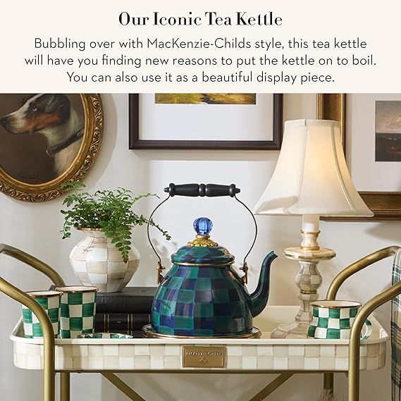 Enamel Tea Kettle, Cute Tea Kettle for Stovetop, 2 Quarts, Dark Green-and-Blue Juniper Check