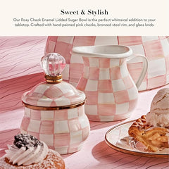 Enamel Lidded Sugar Bowl, Small Serving Bowl with Lid, 10-Ounce Capacity, Pink-and-White Rosy Check