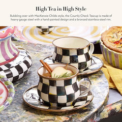 Enamel Teacup, Unique Coffee and Tea Mug, Enamel Cup for Hot Tea, 10 Ounces, Black-and-White Courtly Check